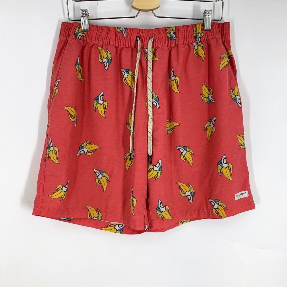 Public Access Men's Shark Banana Drawstring Elastic Waist Swim Trunks‎ Size L
